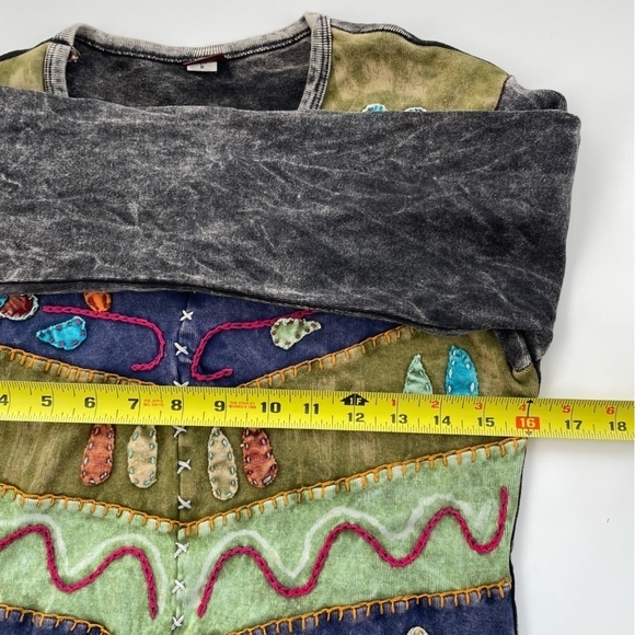 KPC Women's Moss Green Gray Artsy Boho Patchwork Long sleeve Top Size Medium - Picture 7 of 8